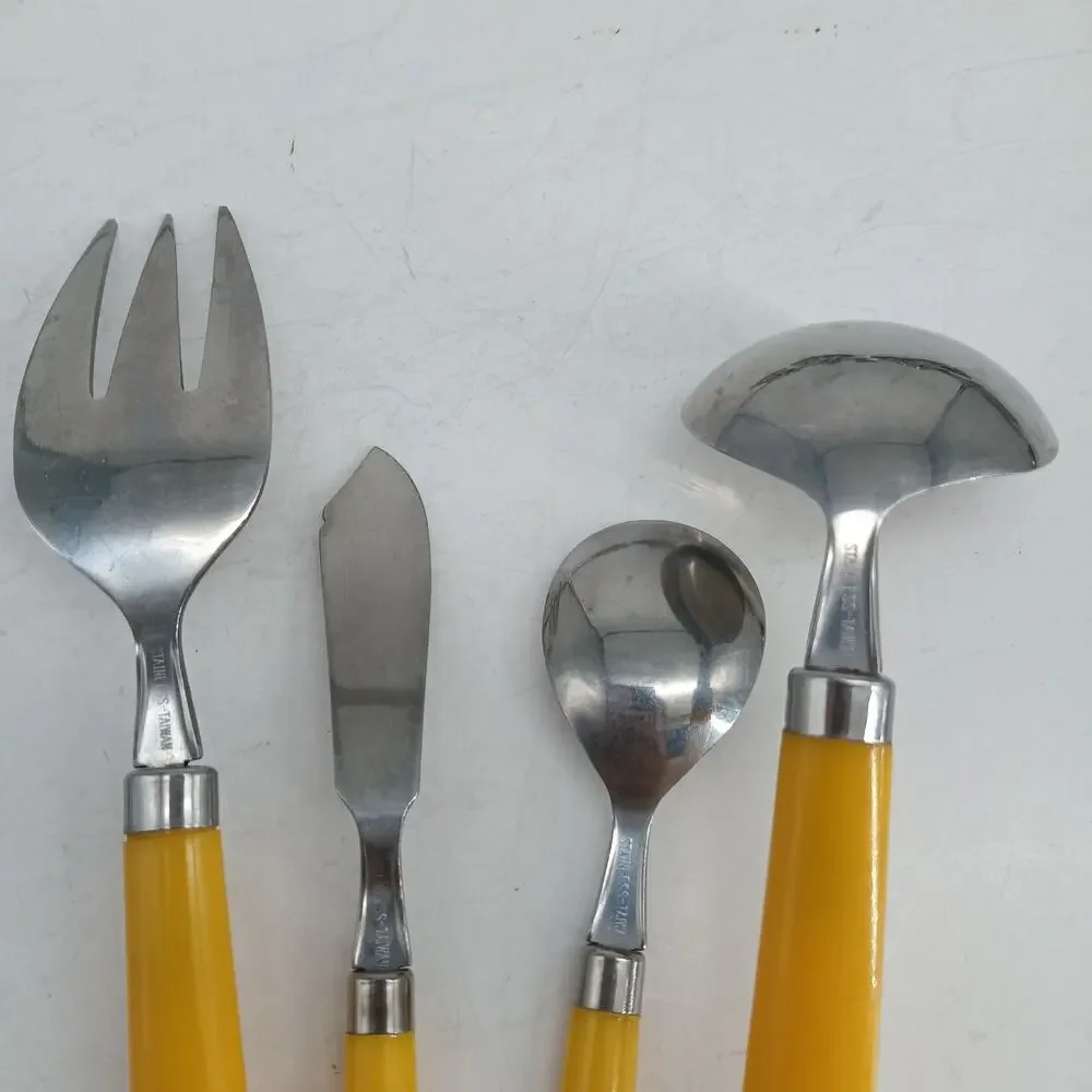 4X Serving Stainless Taiwan Retro MCM Melamine 1960s Yellow Handle Flatware